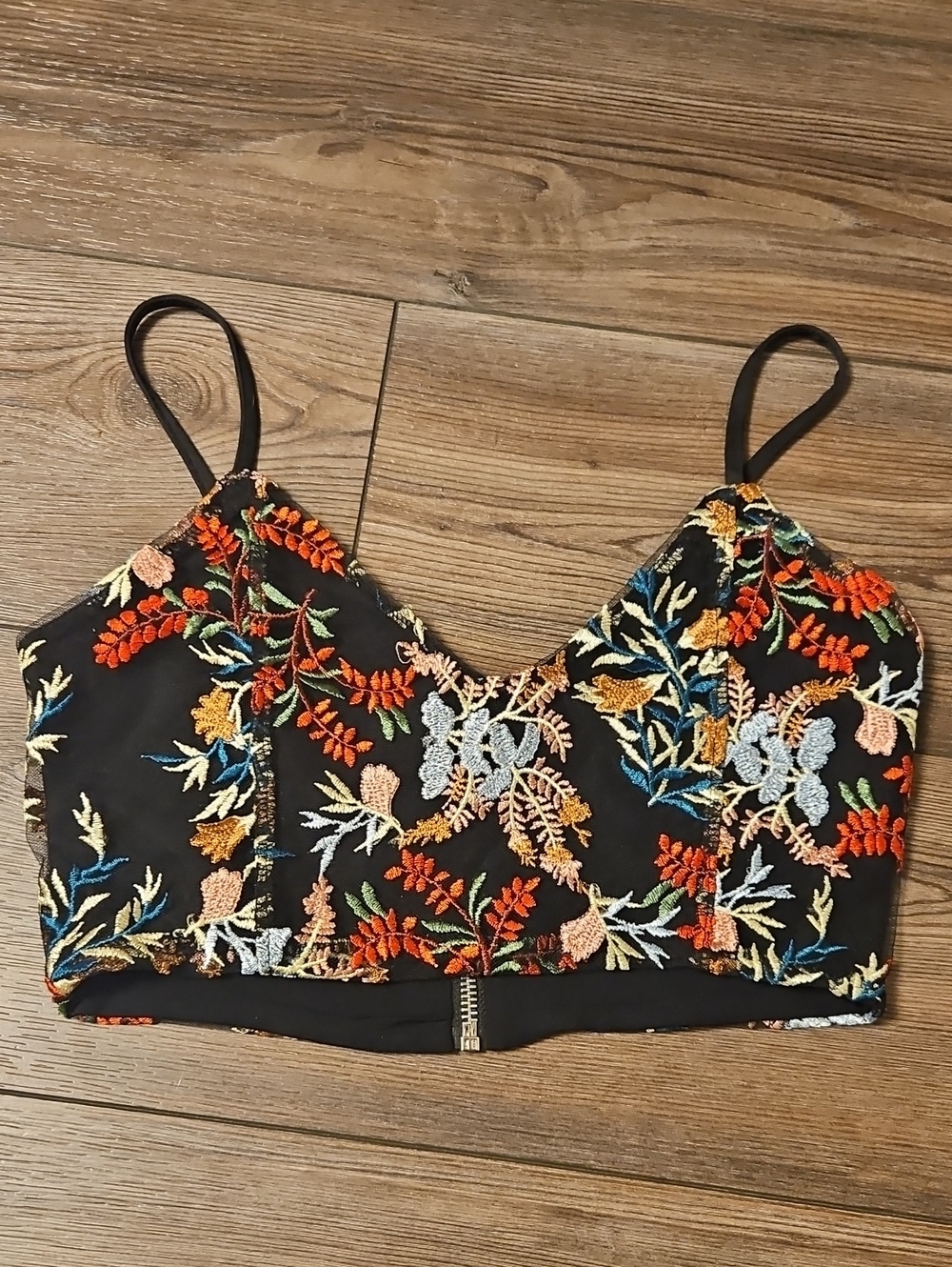 Black Floral Embroidered Cropped Cami Top
